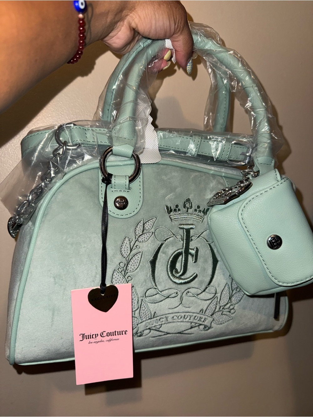 Juicy Couture Sparkle Royal  Satchel in Frosty Green with Crest Embroidery